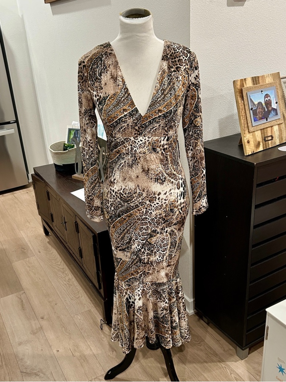 Ebby and I Brown Animal-Print Long Sleeve V-Neck Flounce Dress